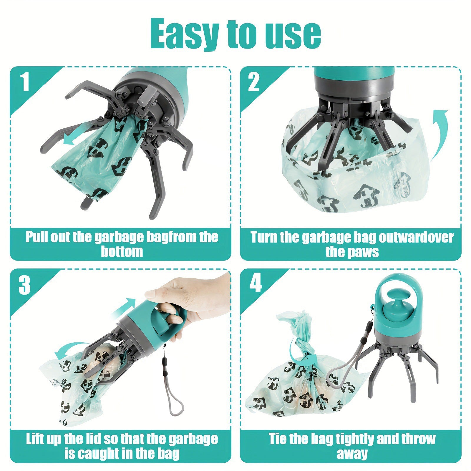 Foldable 6-Claw Pet Pooper Scooper, Cup-Shape Portable Waste Grabber with Built-in Waste Bag Dispenser, Zero-Contact Dog & Cat Poop Picker for Outdoor Walking