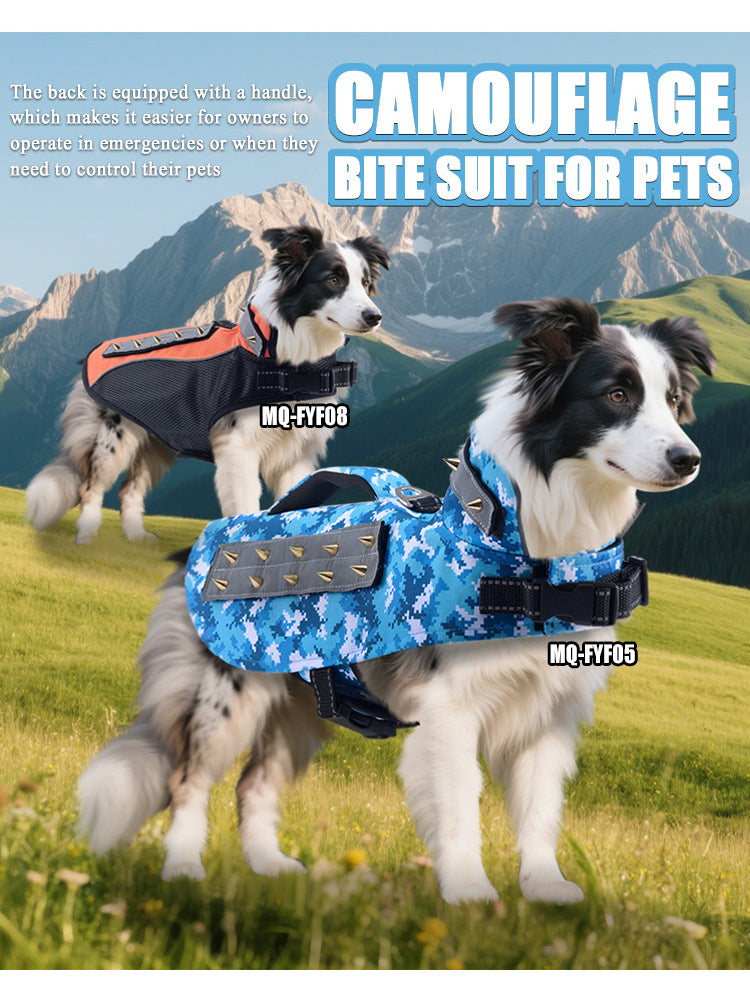 Spiked Dog Protective Vest,Adjustable Anti‑Scratch Anti‑Bite Harness Vest with Reflective Strips & Top Handle,Camo Safety Training Vest for Small Medium Dogs
