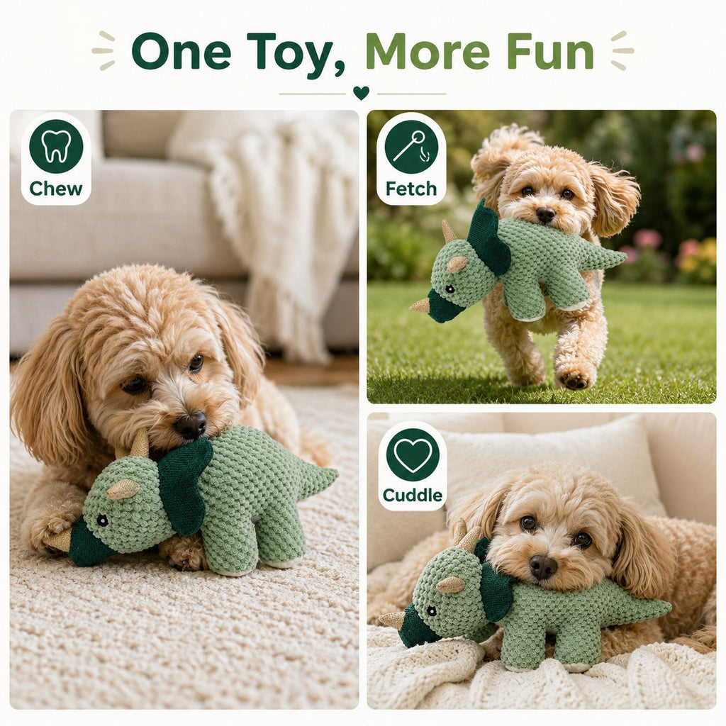 Green Dinosaur Plush Pet Toy, Soft Interactive Chew Toy for Dogs and Cats, Lightweight Cuddle & Fetch Play Toy