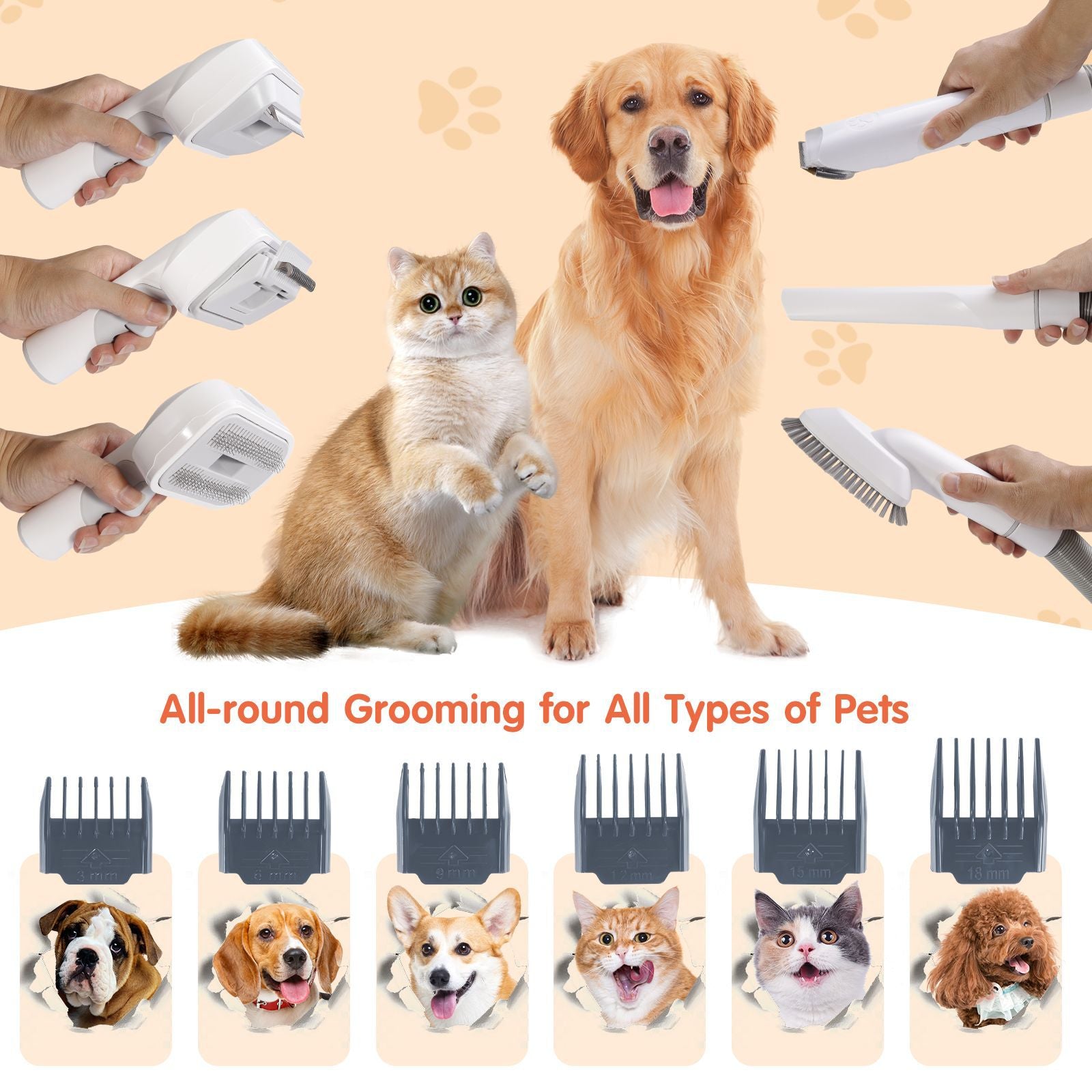 All‑in‑One Pet Grooming Vacuum Kit｜Low‑Noise Strong Hair‑Suction with 12 Attachments for Dogs & Cats