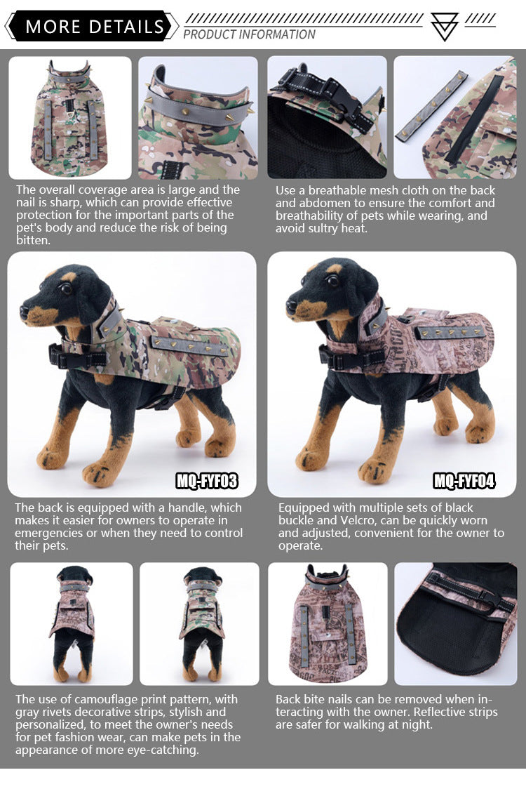 Spiked Dog Protective Vest,Adjustable Anti‑Scratch Anti‑Bite Harness Vest with Reflective Strips & Top Handle,Camo Safety Training Vest for Small Medium Dogs