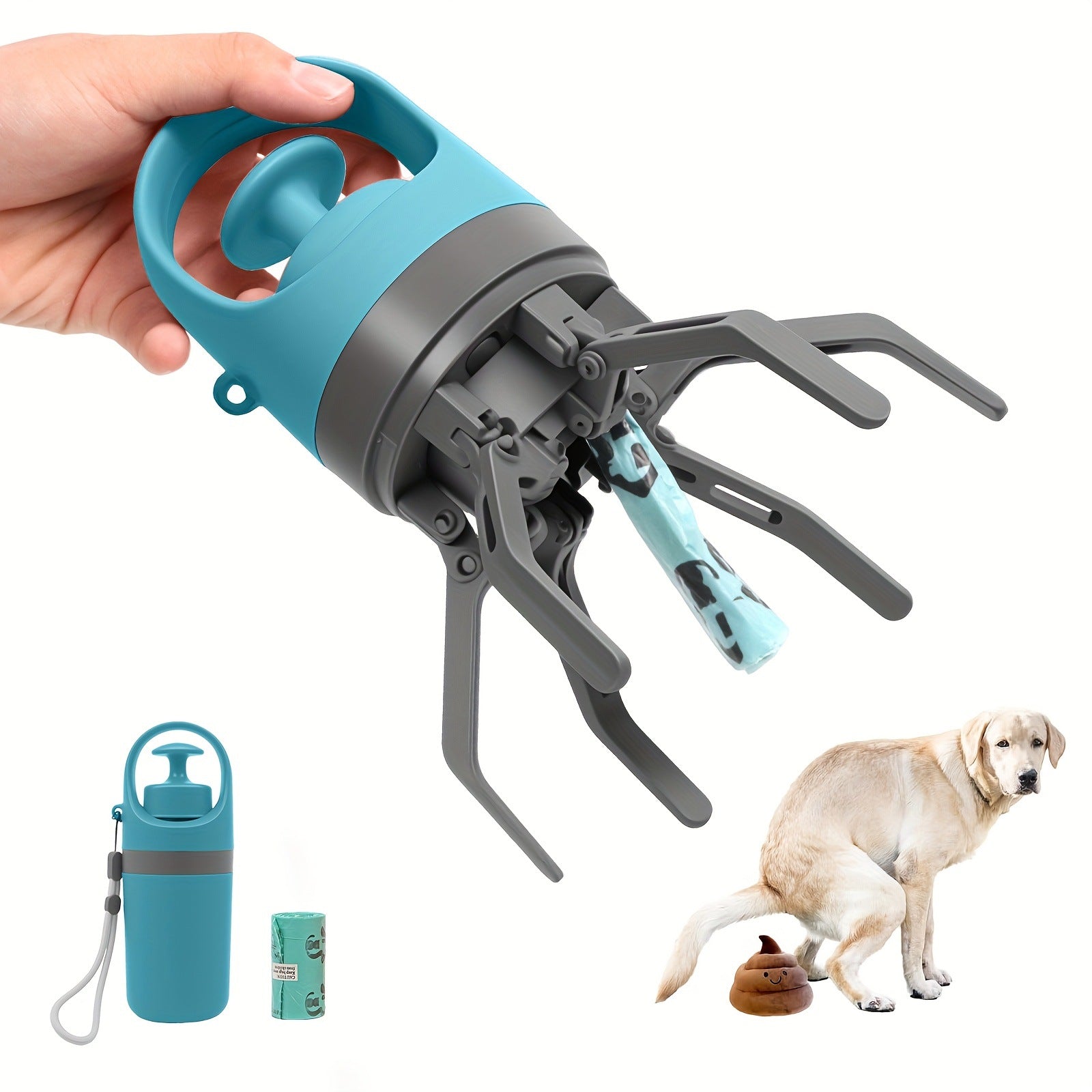Foldable 6-Claw Pet Pooper Scooper, Cup-Shape Portable Waste Grabber with Built-in Waste Bag Dispenser, Zero-Contact Dog & Cat Poop Picker for Outdoor Walking