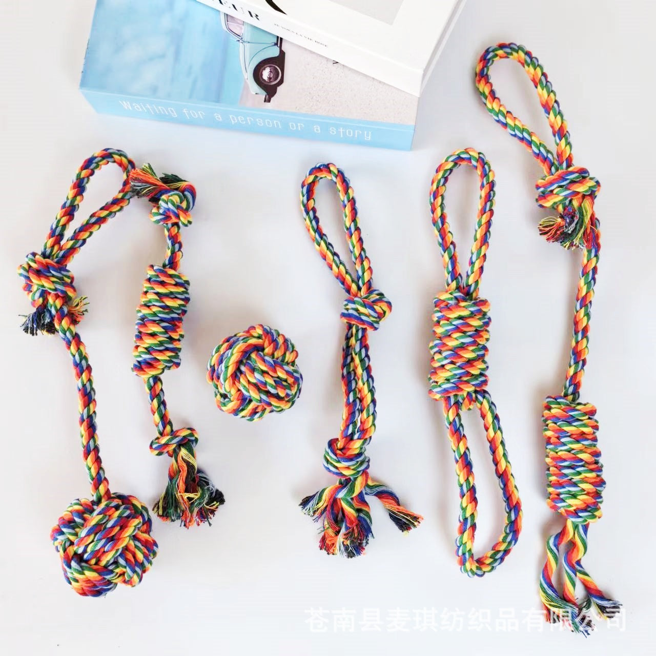 Rainbow Braided Cotton Rope Dog Chew Toy Sets, Multi Shape Interactive Play Toys for All Breeds Dogs